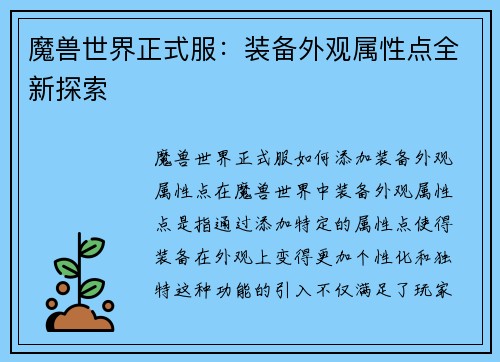 魔兽世界正式服：装备外观属性点全新探索